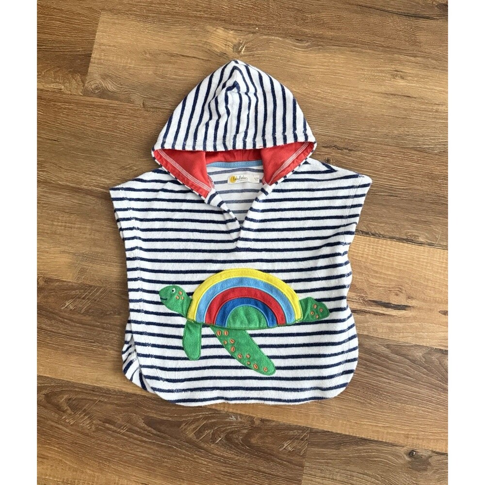 Baby Boden Striped Hooded Swim Coverup in White, Navy & Red with Turtle Applique